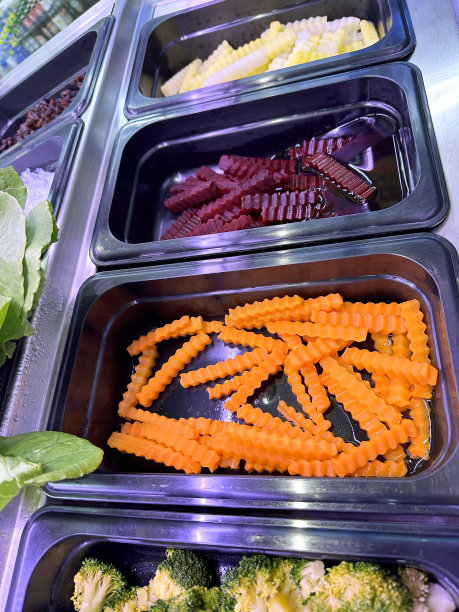 酒店自助式冷藏自助餐全画幅图片展示，沙拉吧金属托盘里的意大利面沙拉，花椰菜花，皱切胡萝卜和甜菜根棒，食材为自制沙拉，沙拉蔬菜自助餐厅，高架视图图片下载