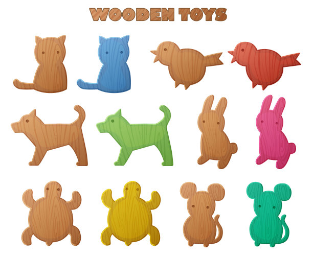 木制玩具矢量插图，动物形状的人物制成的木材设计，猫，狗，老鼠，鸟，兔子，乌龟玩具收集孤立的白色背景图片下载