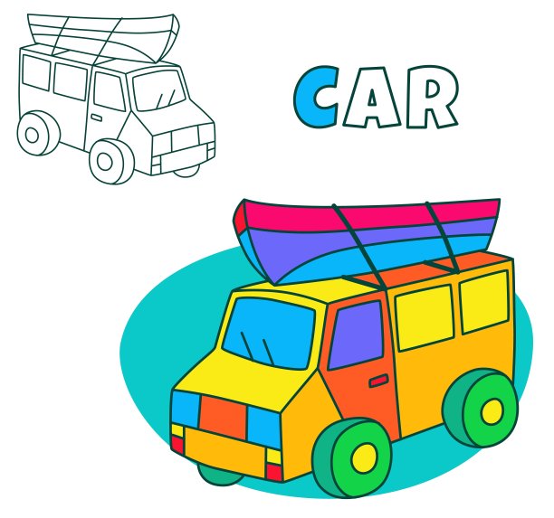 着色书页面矢量插图孤立在白色背景上。大汽车与船在顶部的卡通绘图为小孩子着色。简单的剪贴画图形可爱的汽车图片下载