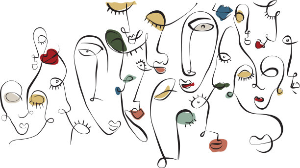 矢量抽象插图的男人和女人的脸，眼睛，鼻子，嘴唇，耳朵，线条艺术色彩缤纷拥挤的墙壁窗户镜子装饰图片下载