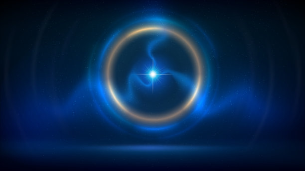 金蓝色圆形照明背景，放电，电弧，球形闪电。金色的光环。发光的金圈。舞台背景。摘要背景为产品、文字、复制粘贴。向量图片下载