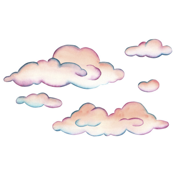 水彩画粉红色的云，彩虹的天空，白色背景上的剪贴画。儿童装饰、纺织品、墙纸、礼品包装的插画设计图片下载