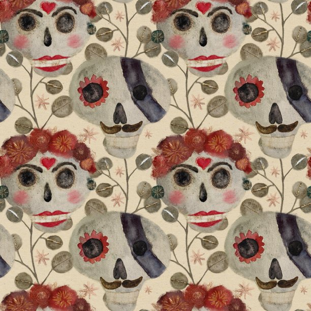 无缝水彩图案与墨西哥头骨和植物图片下载