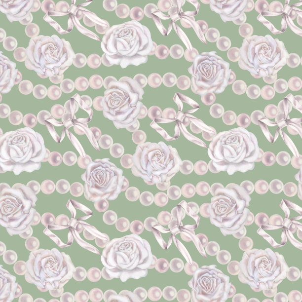 水彩无缝图案与白玫瑰，绿叶在一个柔和的调色板在复古风格的婚礼，生日，情人节，妇女节，母亲节，模板，剪贴簿，壁纸图片下载