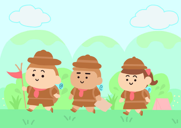 童子军以卡通的方式去森林露营。图片下载