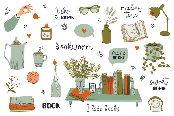 书籍和阅读集。一堆书，书架，蜡烛，室内植物，眼镜。复古风格的简约元素孤立在白色的背景。手绘矢量插图。图片下载
