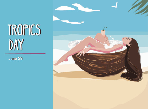国际回归线日插画设计。6月29日。我们就是话题。一个女孩躺在椰子里，喝着鸡尾酒。概念假期心情，旅行，愉悦。图片下载
