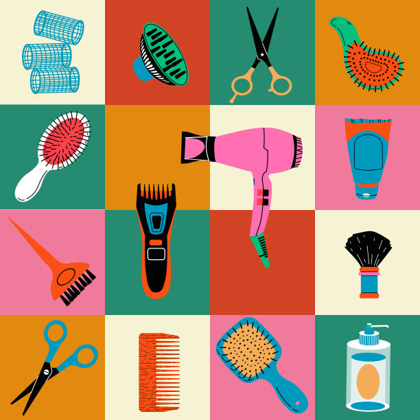 美发沙龙的多色工具。无缝模式。一套发型师的工具。吹风机、发刷、剪刀等不同的专业工具。图片下载