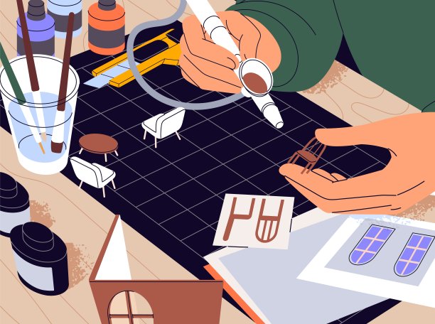 生产表。创造者做模型从塑料线与设备。角色创建家具的玩具屋使用3d笔。自由手工业经营，爱好创意。平面矢量图图片下载