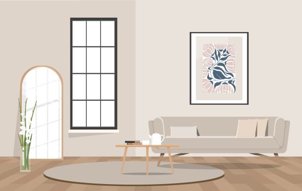 靠墙的米色沙发上有一幅画和一扇窗户。图片下载