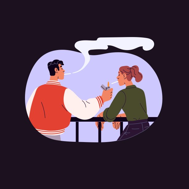 吸烟者站在阳台上，靠在栏杆上。人们吸烟，朋友用打火机点燃香烟，呼出烟草烟雾。尼古丁上瘾。有害的习惯。平面隔离矢量图图片下载