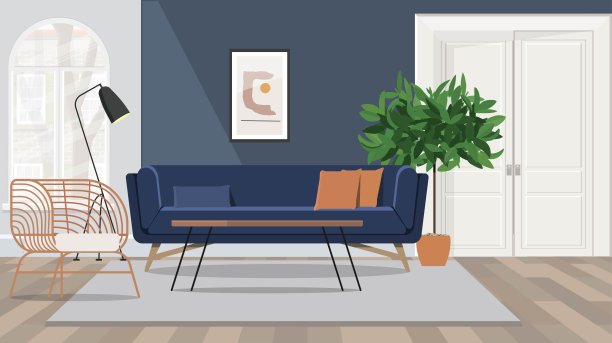 深蓝色沙发和椅子在斯堪的纳维亚公寓。图片下载