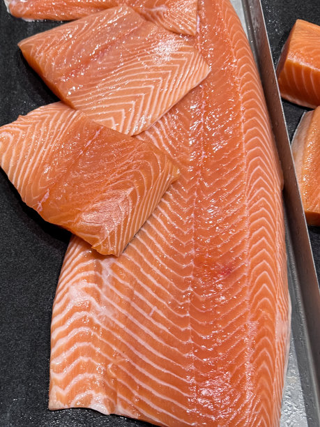 新鲜海鲜的全画幅图像，大西洋鲑鱼片在冷冻金属托盘上保持新鲜，冷藏鱼贩展示，高架视图，重点放在前景图片下载