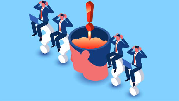 思考问题，解决问题，灵感迸发，创造性思维和灵感，等距商人坐在问号上思考问题，感叹号从他们的大脑中发射出来图片下载