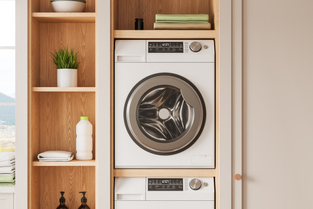 洗衣室内洗衣机，配有配件和全景窗图片下载