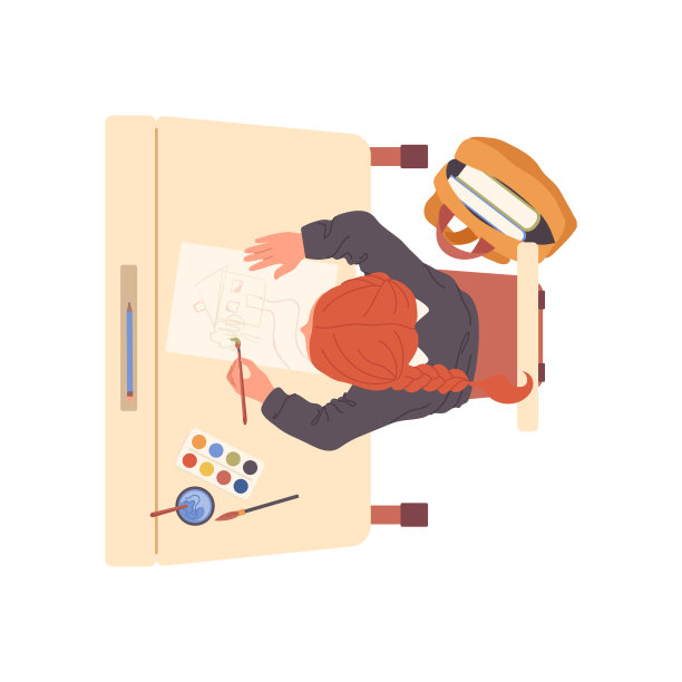 美术课上，坐在书桌前用颜料画的小女生卡通人物图片下载