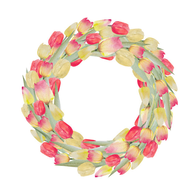 一束郁金香。水彩插画春天花圈。复活节，妇女节的明信片图片下载