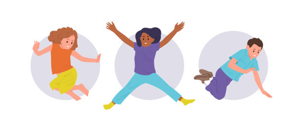 孤立的圆形图标组成与快乐跳跃的儿童卡通人物享受乐趣的时间图片下载