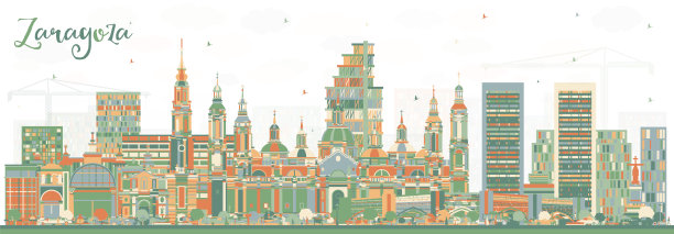 萨拉戈萨西班牙城市天际线与彩色建筑。萨拉戈萨城市景观与地标。商务旅行和旅游概念与历史建筑。图片下载