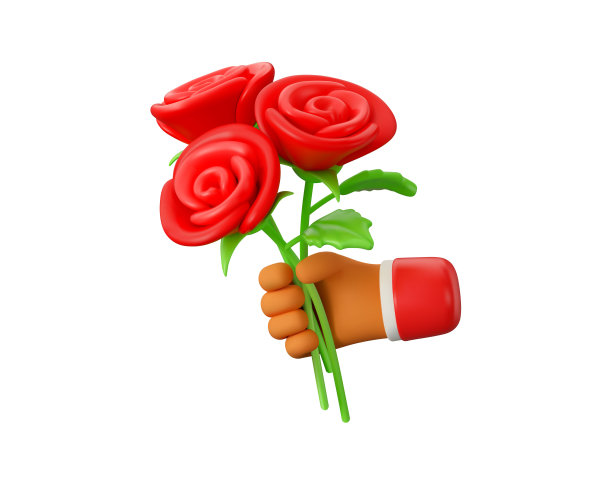 矢量3d手与玫瑰花束图标图片下载