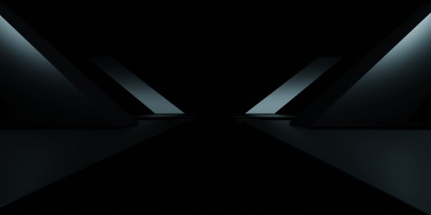 三维渲染黑色霓虹灯发光飞船走廊走廊黑暗背景。广告、陈列室、科技、未来、现代、运动、游戏、虚拟世界场景。科幻插画。产品显示图片下载