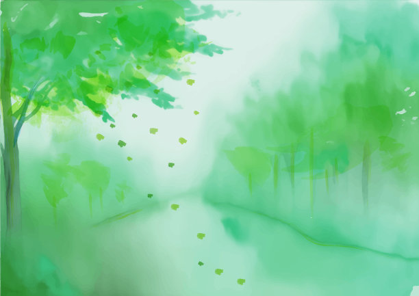 滨水区景观以翠绿生态为主题水彩画图片下载