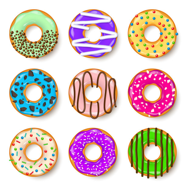 甜甜圈，奶油面包。饼干，饼干蛋糕套装。加了糖和焦糖的甜点。美味的早餐。自助餐厅的食物，小吃。咖啡店。矢量插图。图片下载