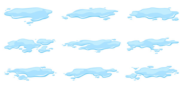水溢水坑集。蓝色液体形状各异，呈平面卡通风格。干净的液滴设计元素隔离在白色背景上图片下载