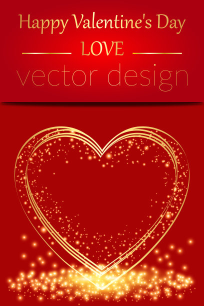 金色爱心、星星边框、圆圈和闪光在红色背景上的矢量插画，优雅情人节装饰图片下载