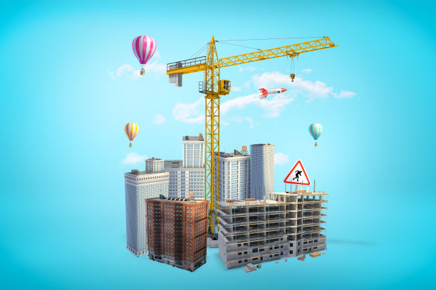 建筑起重机，城市摩天大楼和热气球在蓝色背景的3d渲染图片下载