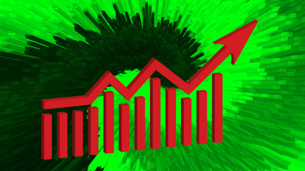 三维红色成长箭头在数字绿色背景。非功能性测试卡。Metaverse横幅。波模式。技术:旋流挤出生产线。rippy纹理。几何形状。条形图和图形。可持续能源图片下载