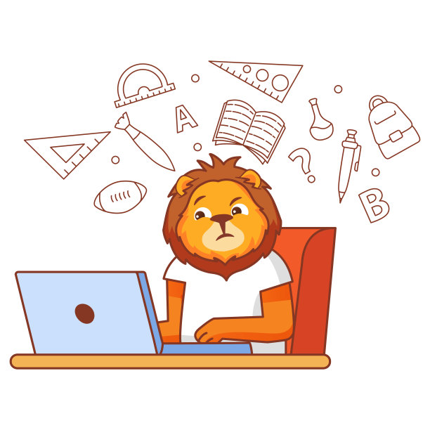 在线教育、培训和课程。狮子在笔记本电脑上做作业。笔记本电脑连接到互联网学习电子学习。图片下载