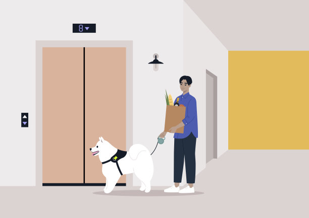 一个年轻的角色，在跑腿之后，带着狗散步回家，买了东西，耐心地等待电梯的到来，同时处理多项任务和日常生活的日常方面图片下载