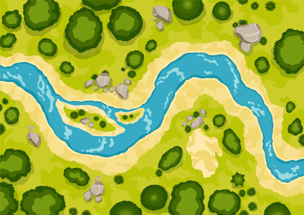 俯视图河流景观。夏日幽美的山谷，风景如画的天然溪流。岸边有树的河。景观与蜿蜒的河流。矢量图图片下载