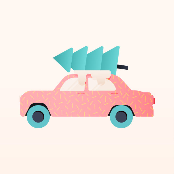 现代平面矢量概念插图。社交媒体广告上有一辆顶上有杉树的粉色汽车。海报的概念。网页横幅。图片下载