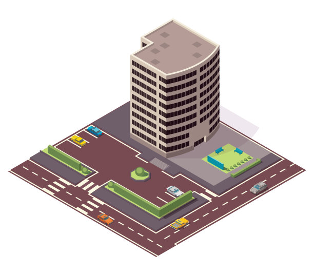 等距办公室或商务中心。城镇公寓建筑城市地图创建与街道和汽车。信息图表元素。城市房屋与道路组成图片下载