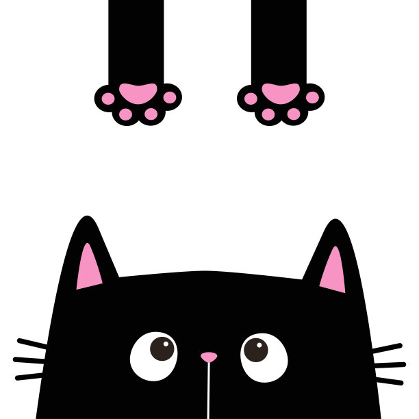 猫脸头部轮廓图标。黑色的小猫。粉红色的爪印腿。有趣的卡哇伊涂鸦动物。可爱的卡通有趣的婴儿宠物角色。标签打印。平面设计。白色背景。图片下载
