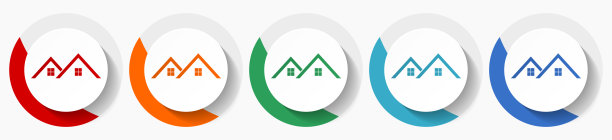 屋顶，家，房子矢量图标集，平面设计彩色圆形图标，有5种颜色可供网页设计和移动应用程序选择图片下载