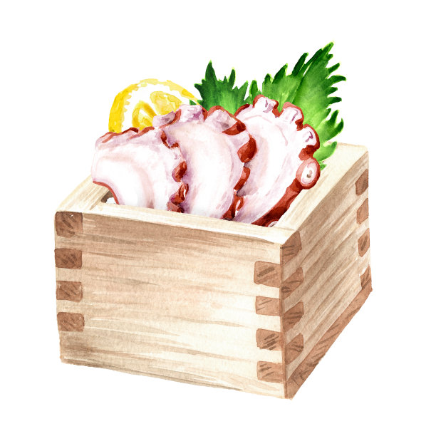 木盒子里的日本章鱼生鱼片手绘水彩插图孤立的白色背景图片下载