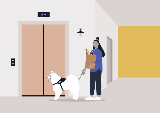 一个年轻的角色，在跑腿之后，带着狗散步回家，买了东西，耐心地等待电梯的到来，同时处理多项任务和日常生活的日常方面图片下载