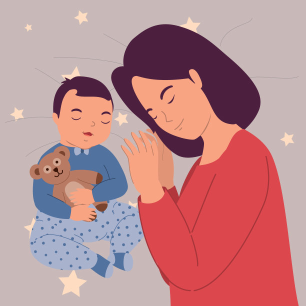 妈妈和小男孩睡在一起。图片下载