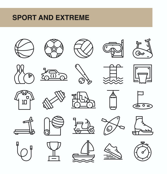 运动和极端细线矢量图标集。设计是可编辑的，颜色可以改变。矢量创意图标集:足球，篮球，棒球，滑冰，高尔夫，独木舟，盒子，游泳图片下载