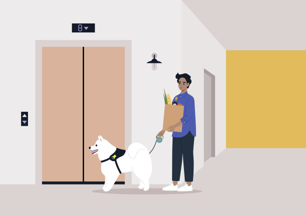 一个年轻的角色，在跑腿之后，带着狗散步回家，买了东西，耐心地等待电梯的到来，同时处理多项任务和日常生活的日常方面图片下载