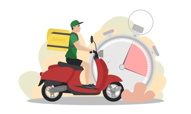 快递员插图。一个背着背包的年轻人骑着摩托车。快速交付。送货服务。图片下载