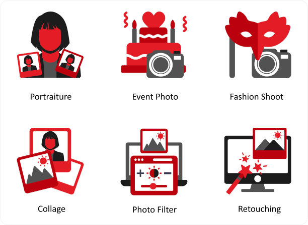 红色和黑色的六个摄影图标作为肖像，活动照片，时尚拍摄图片下载