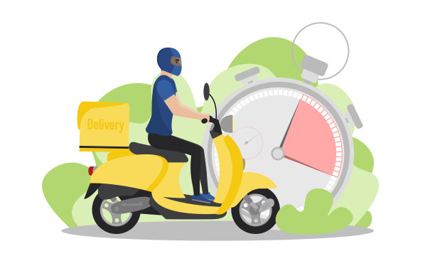 快递员插图。一个背着背包的年轻人骑着摩托车。快速交付。送货服务。图片下载