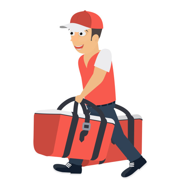 送餐员送餐。快递员携带一个包，矢量插图图片下载