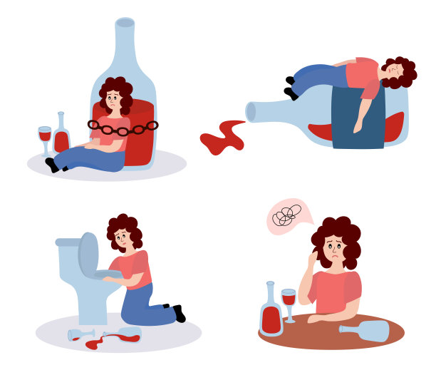 酒精滥用和成瘾的概念。一组喝醉的女人拿着几瓶酒精饮料。有不健康习惯和酗酒的酒瘾者。平面矢量插图隔离在白色背景。图片下载