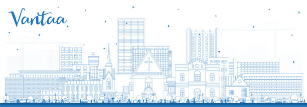 勾勒芬兰万塔城市天际线与蓝色建筑。万塔城市景观与地标。商务旅行和旅游理念具有现代和历史建筑。图片下载