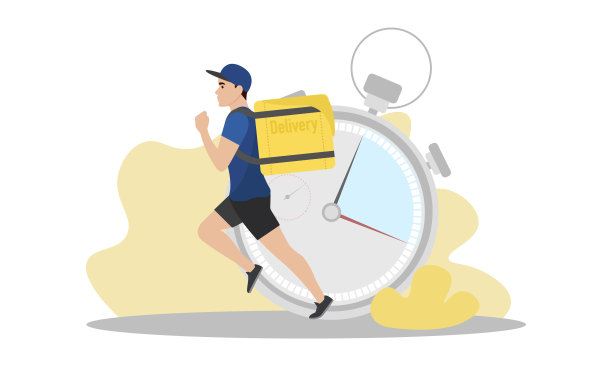 快递员插图。一个背着背包的年轻人正在跑。快速交付。送货服务。图片下载